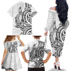 New Zealand Hammerhead Shark Family Matching Off The Shoulder Long Sleeve Dress and Hawaiian Shirt Maori Haehae Mangopare White - Aussie Hoodie
