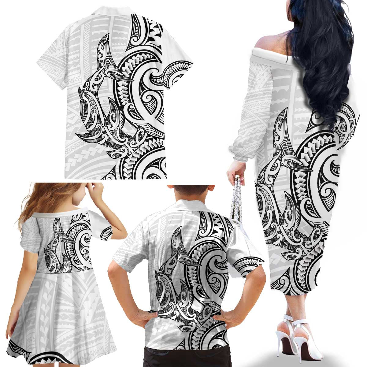 New Zealand Hammerhead Shark Family Matching Off The Shoulder Long Sleeve Dress and Hawaiian Shirt Maori Haehae Mangopare White - Aussie Hoodie