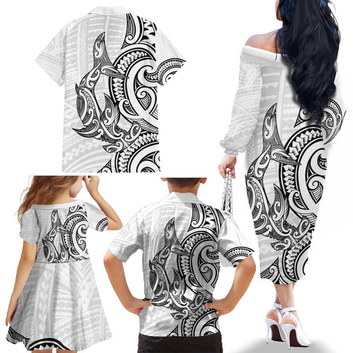 New Zealand Hammerhead Shark Family Matching Off The Shoulder Long Sleeve Dress and Hawaiian Shirt Maori Haehae Mangopare White - Aussie Hoodie