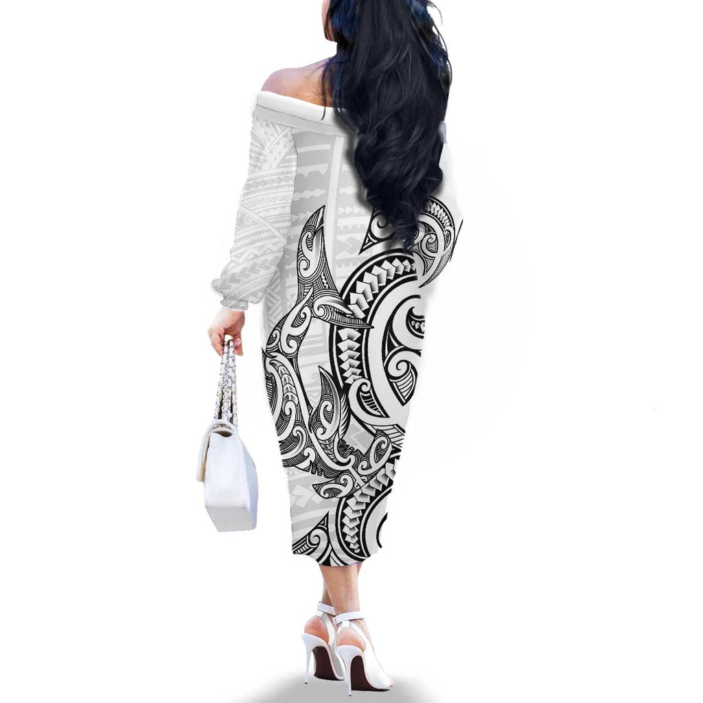 New Zealand Hammerhead Shark Family Matching Off The Shoulder Long Sleeve Dress and Hawaiian Shirt Maori Haehae Mangopare White - Aussie Hoodie
