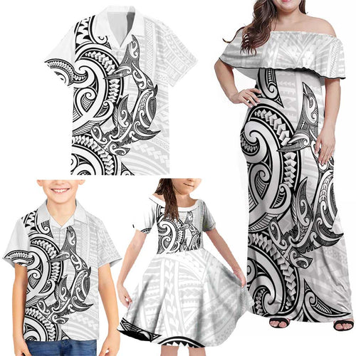 New Zealand Hammerhead Shark Family Matching Off Shoulder Maxi Dress and Hawaiian Shirt Maori Haehae Mangopare White - Aussie Hoodie