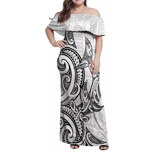 New Zealand Hammerhead Shark Family Matching Off Shoulder Maxi Dress and Hawaiian Shirt Maori Haehae Mangopare White - Aussie Hoodie
