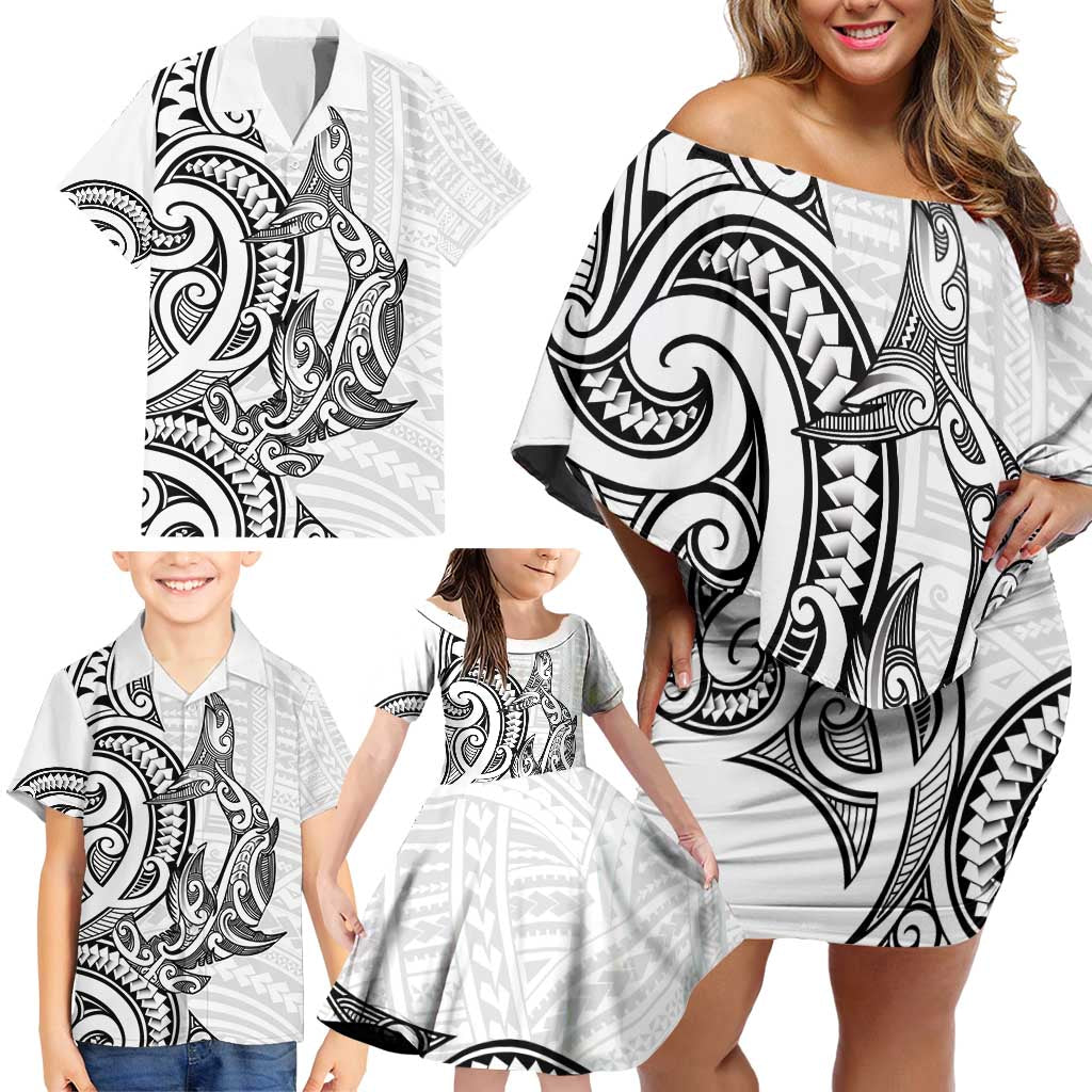 New Zealand Hammerhead Shark Family Matching Off Shoulder Short Dress and Hawaiian Shirt Maori Haehae Mangopare White - Aussie Hoodie
