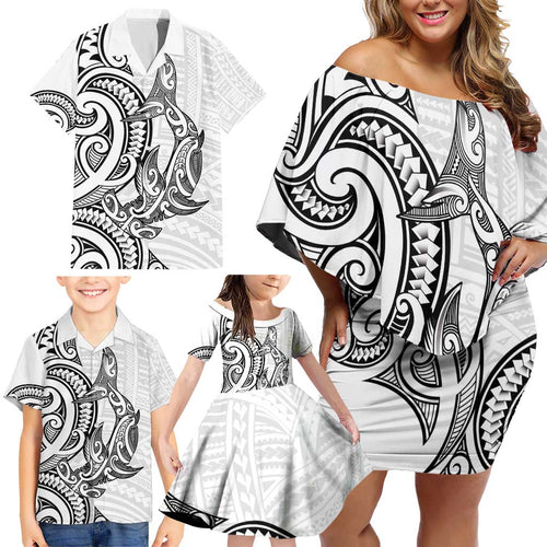 New Zealand Hammerhead Shark Family Matching Off Shoulder Short Dress and Hawaiian Shirt Maori Haehae Mangopare White - Aussie Hoodie