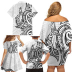 New Zealand Hammerhead Shark Family Matching Off Shoulder Short Dress and Hawaiian Shirt Maori Haehae Mangopare White - Aussie Hoodie