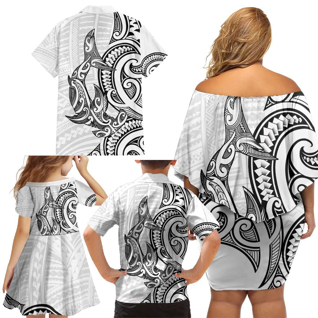 New Zealand Hammerhead Shark Family Matching Off Shoulder Short Dress and Hawaiian Shirt Maori Haehae Mangopare White - Aussie Hoodie