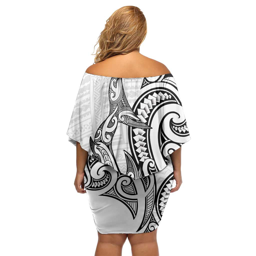 New Zealand Hammerhead Shark Family Matching Off Shoulder Short Dress and Hawaiian Shirt Maori Haehae Mangopare White - Aussie Hoodie
