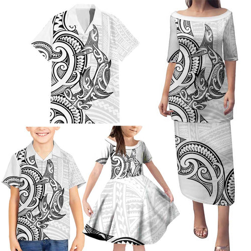 New Zealand Hammerhead Shark Family Matching Puletasi and Hawaiian Shirt Maori Haehae Mangopare White - Aussie Hoodie
