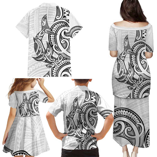 New Zealand Hammerhead Shark Family Matching Puletasi and Hawaiian Shirt Maori Haehae Mangopare White - Aussie Hoodie
