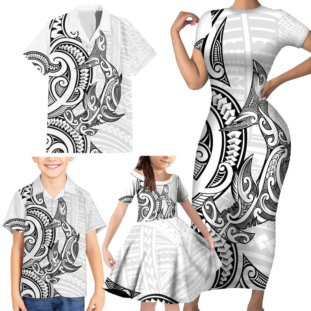 New Zealand Hammerhead Shark Family Matching Short Sleeve Bodycon Dress and Hawaiian Shirt Maori Haehae Mangopare White - Aussie Hoodie