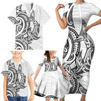 New Zealand Hammerhead Shark Family Matching Short Sleeve Bodycon Dress and Hawaiian Shirt Maori Haehae Mangopare White - Aussie Hoodie
