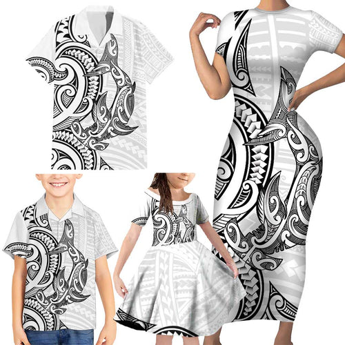 New Zealand Hammerhead Shark Family Matching Short Sleeve Bodycon Dress and Hawaiian Shirt Maori Haehae Mangopare White - Aussie Hoodie