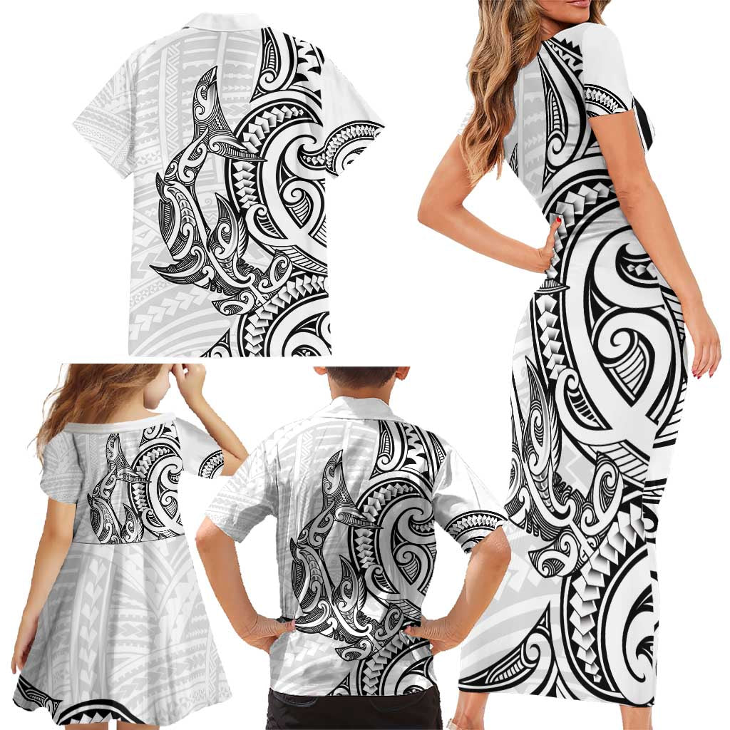 New Zealand Hammerhead Shark Family Matching Short Sleeve Bodycon Dress and Hawaiian Shirt Maori Haehae Mangopare White - Aussie Hoodie