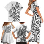 New Zealand Hammerhead Shark Family Matching Short Sleeve Bodycon Dress and Hawaiian Shirt Maori Haehae Mangopare White - Aussie Hoodie