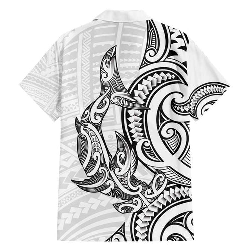 New Zealand Hammerhead Shark Family Matching Short Sleeve Bodycon Dress and Hawaiian Shirt Maori Haehae Mangopare White - Aussie Hoodie
