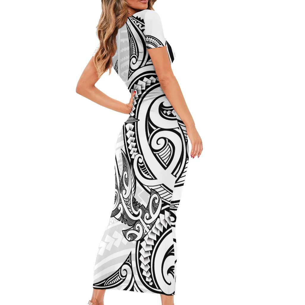 New Zealand Hammerhead Shark Family Matching Short Sleeve Bodycon Dress and Hawaiian Shirt Maori Haehae Mangopare White - Aussie Hoodie