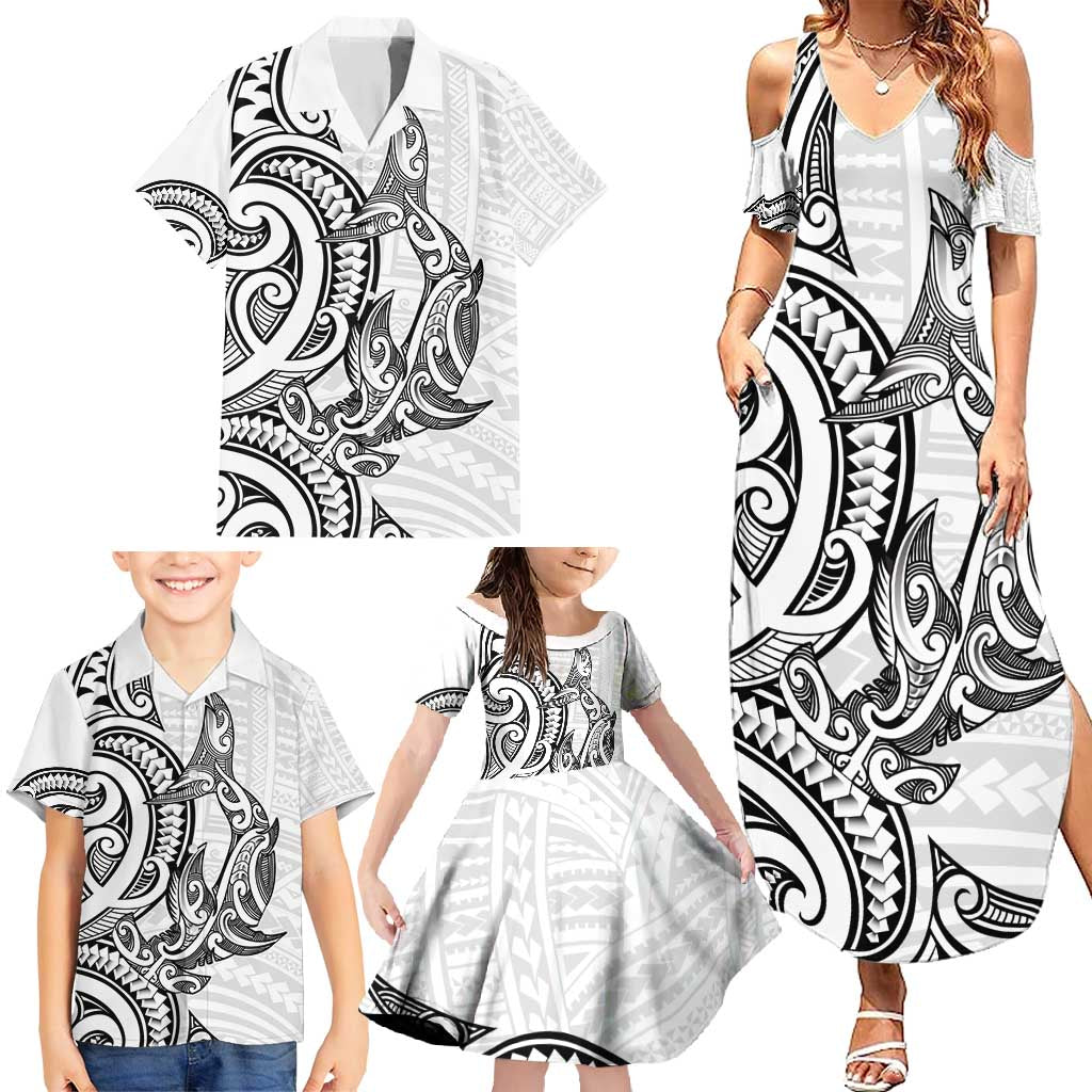 New Zealand Hammerhead Shark Family Matching Summer Maxi Dress and Hawaiian Shirt Maori Haehae Mangopare White - Aussie Hoodie
