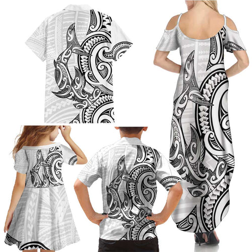 New Zealand Hammerhead Shark Family Matching Summer Maxi Dress and Hawaiian Shirt Maori Haehae Mangopare White - Aussie Hoodie
