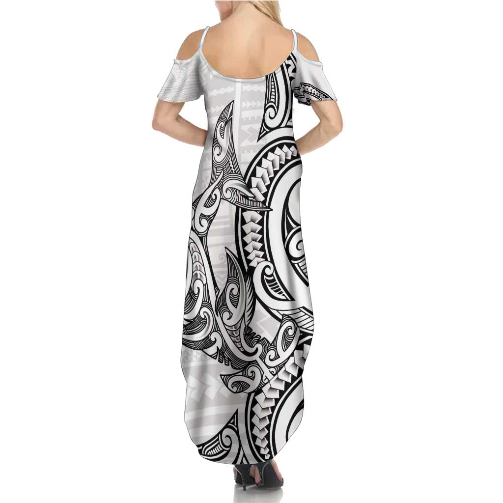 New Zealand Hammerhead Shark Family Matching Summer Maxi Dress and Hawaiian Shirt Maori Haehae Mangopare White - Aussie Hoodie