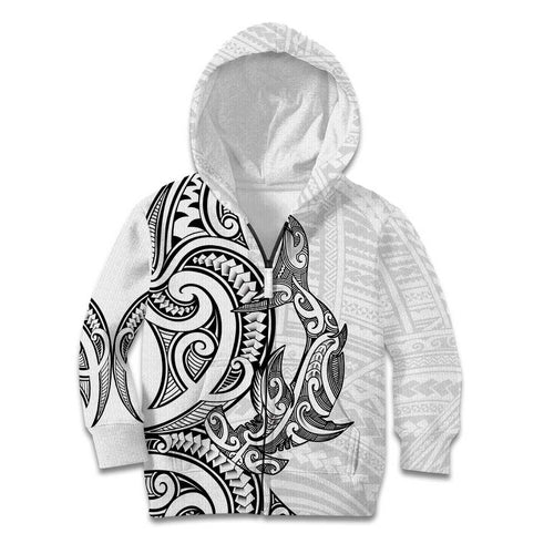 New Zealand Hammerhead Shark Kid Hoodie Maori Haehae Mangopare White - Aussie Hoodie