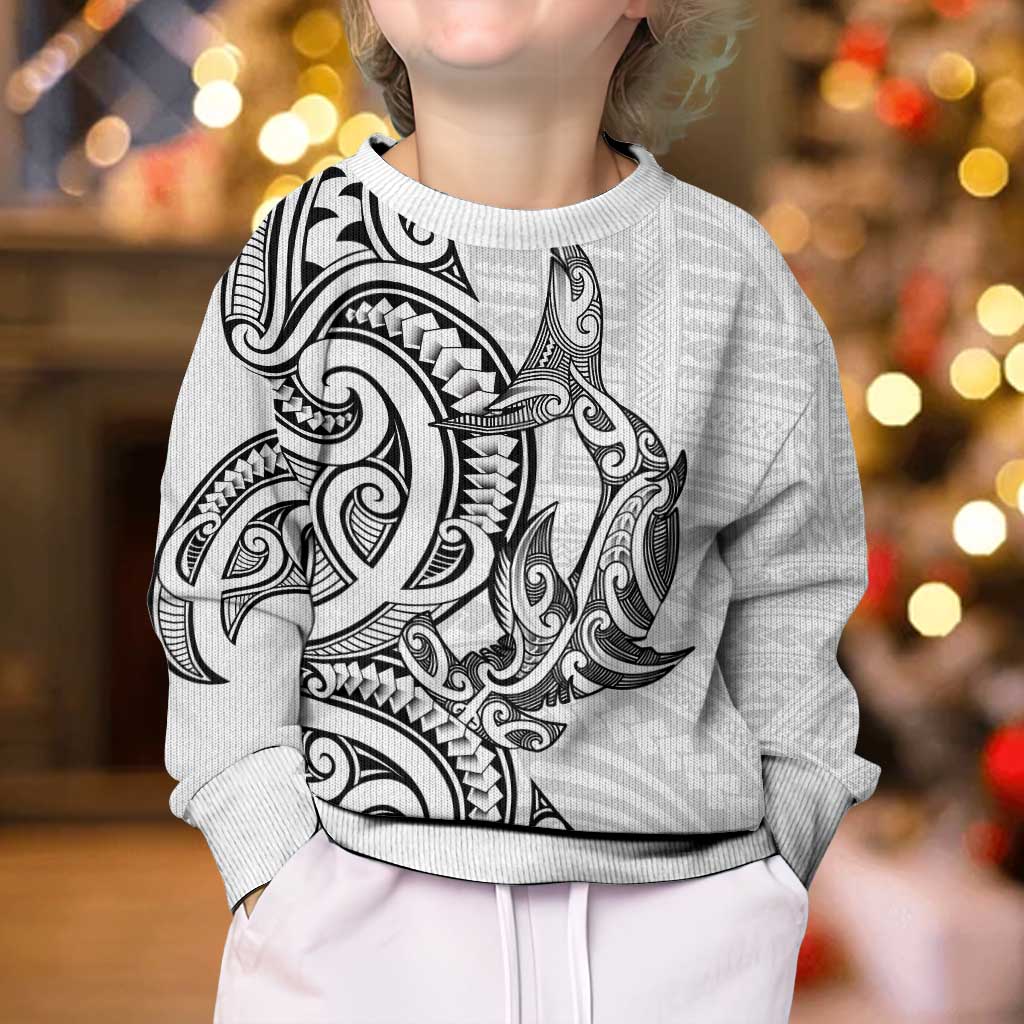 New Zealand Hammerhead Shark Kid Ugly Christmas Sweater Maori Haehae Mangopare White - Aussie Hoodie