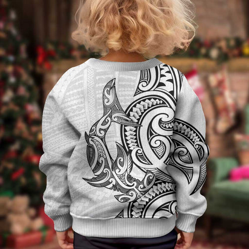 New Zealand Hammerhead Shark Kid Ugly Christmas Sweater Maori Haehae Mangopare White - Aussie Hoodie