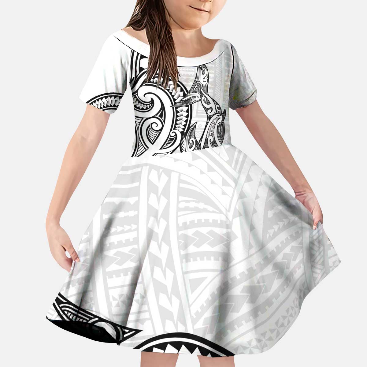 New Zealand Hammerhead Shark Kid Short Sleeve Dress Maori Haehae Mangopare White - Aussie Hoodie