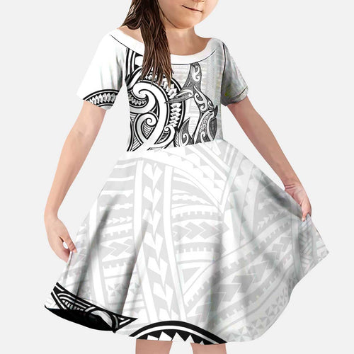 New Zealand Hammerhead Shark Kid Short Sleeve Dress Maori Haehae Mangopare White - Aussie Hoodie