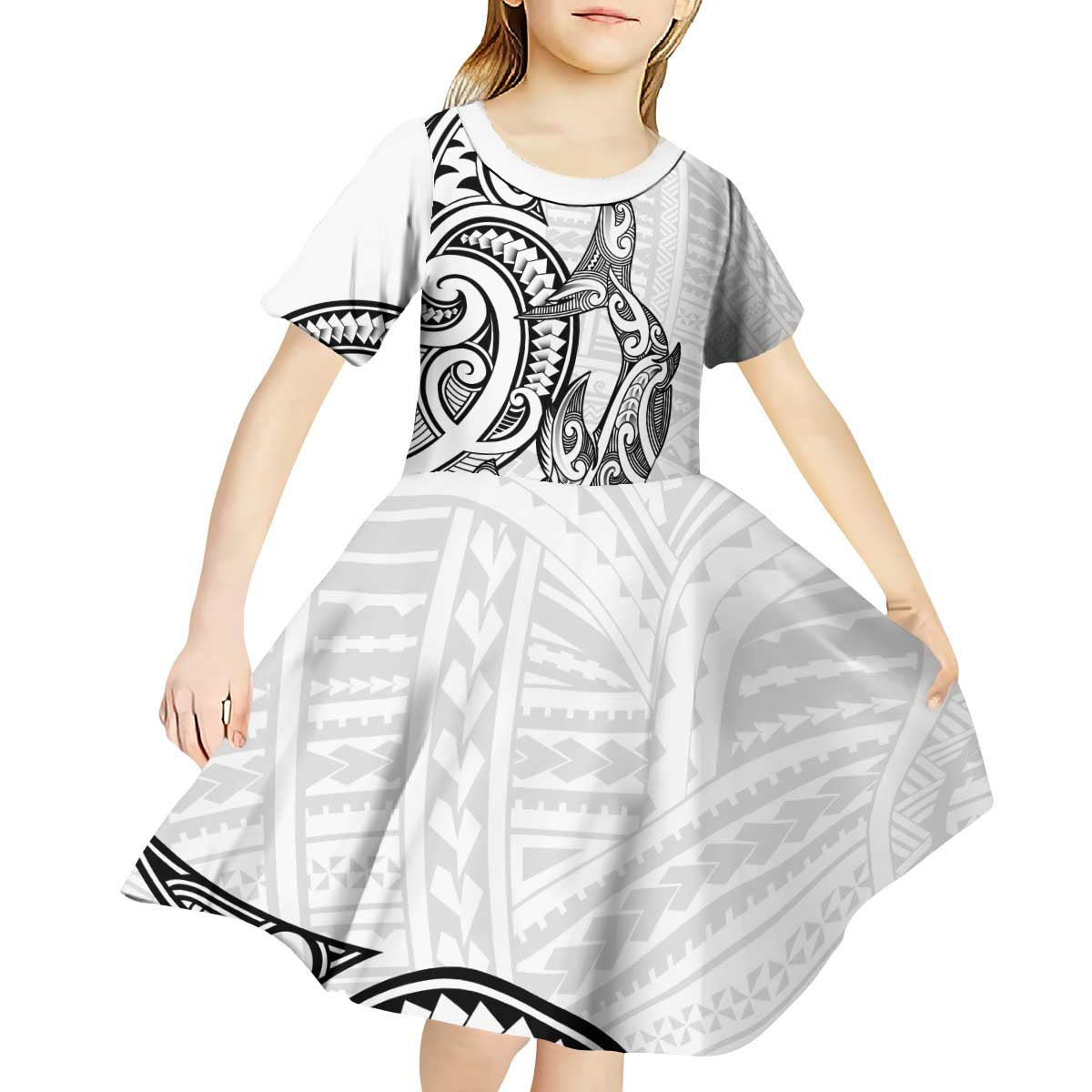 New Zealand Hammerhead Shark Kid Short Sleeve Dress Maori Haehae Mangopare White - Aussie Hoodie