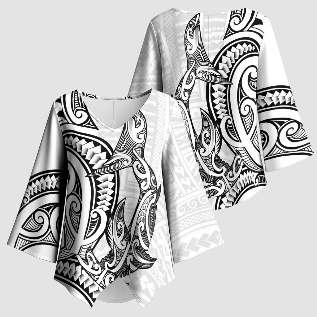 New Zealand Hammerhead Shark Kimono Sleeve Blouse Maori Haehae Mangopare White - Aussie Hoodie