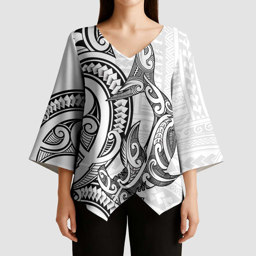 New Zealand Hammerhead Shark Kimono Sleeve Blouse Maori Haehae Mangopare White - Aussie Hoodie