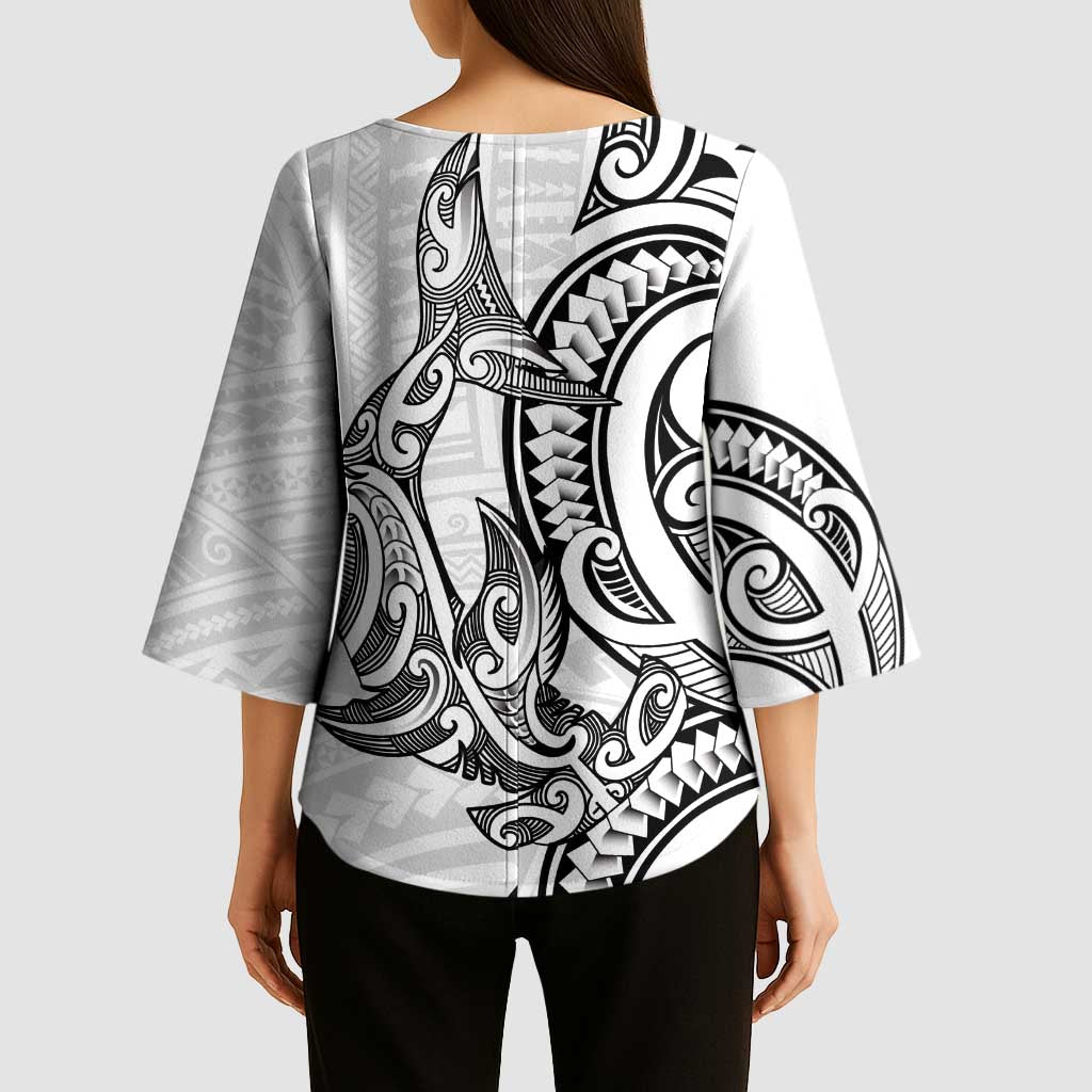 New Zealand Hammerhead Shark Kimono Sleeve Blouse Maori Haehae Mangopare White - Aussie Hoodie