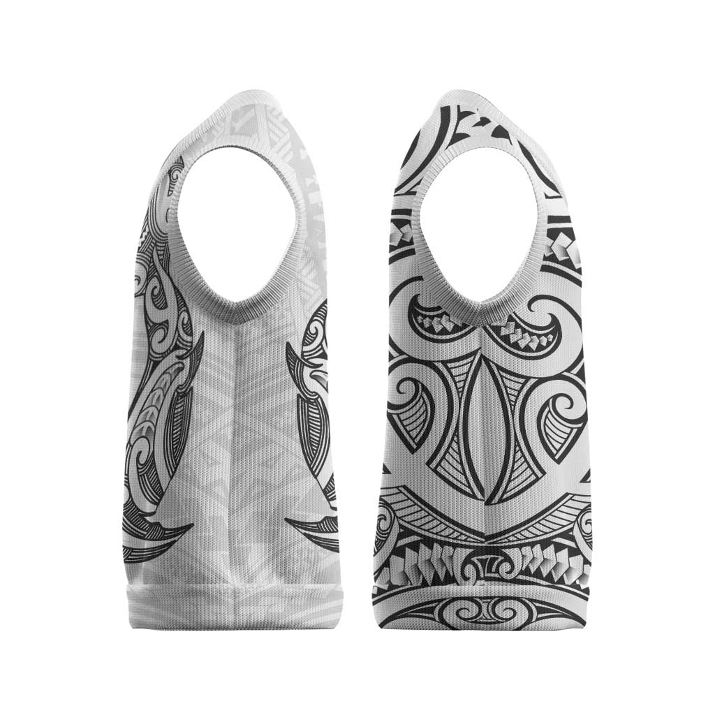 New Zealand Hammerhead Shark Christmas Knitted V-Neck Vest Maori Haehae Mangopare White - Aussie Hoodie