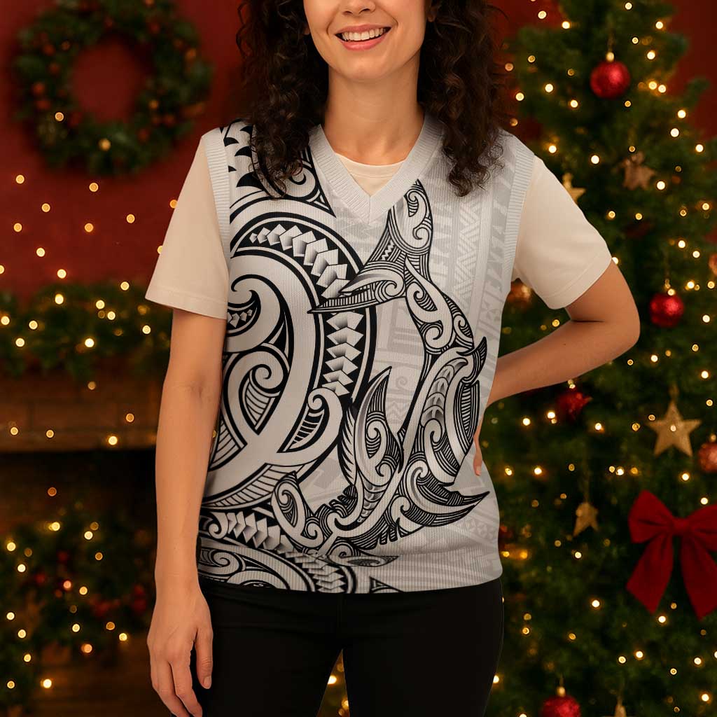 New Zealand Hammerhead Shark Christmas Knitted V-Neck Vest Maori Haehae Mangopare White - Aussie Hoodie