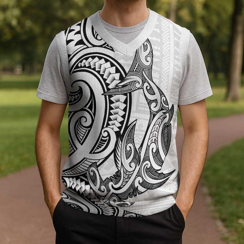 New Zealand Hammerhead Shark Christmas Knitted V-Neck Vest Maori Haehae Mangopare White - Aussie Hoodie