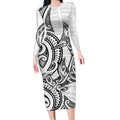 New Zealand Hammerhead Shark Long Sleeve Bodycon Dress Maori Haehae Mangopare White - Aussie Hoodie