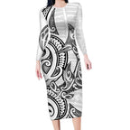 New Zealand Hammerhead Shark Long Sleeve Bodycon Dress Maori Haehae Mangopare White - Aussie Hoodie