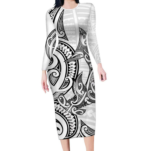 New Zealand Hammerhead Shark Long Sleeve Bodycon Dress Maori Haehae Mangopare White - Aussie Hoodie