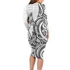 New Zealand Hammerhead Shark Long Sleeve Bodycon Dress Maori Haehae Mangopare White - Aussie Hoodie