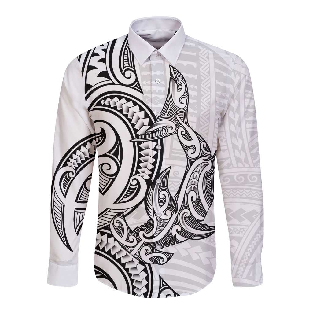 New Zealand Hammerhead Shark Long Sleeve Button Shirt Maori Haehae Mangopare White - Aussie Hoodie