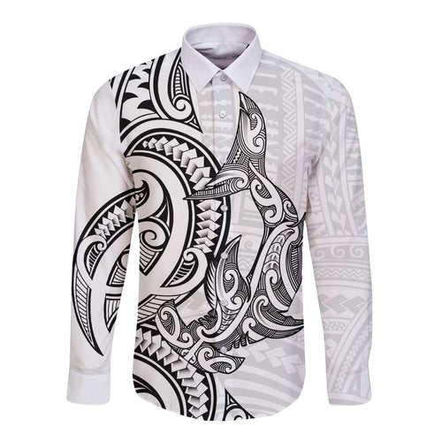 New Zealand Hammerhead Shark Long Sleeve Button Shirt Maori Haehae Mangopare White - Aussie Hoodie