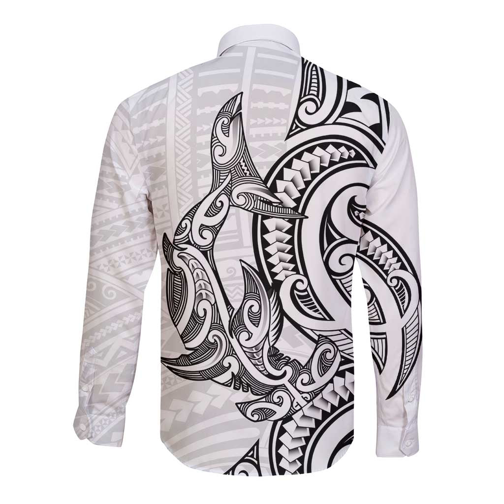 New Zealand Hammerhead Shark Long Sleeve Button Shirt Maori Haehae Mangopare White - Aussie Hoodie