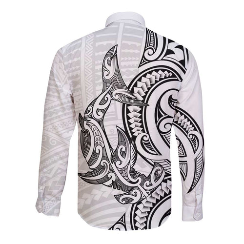 New Zealand Hammerhead Shark Long Sleeve Button Shirt Maori Haehae Mangopare White - Aussie Hoodie