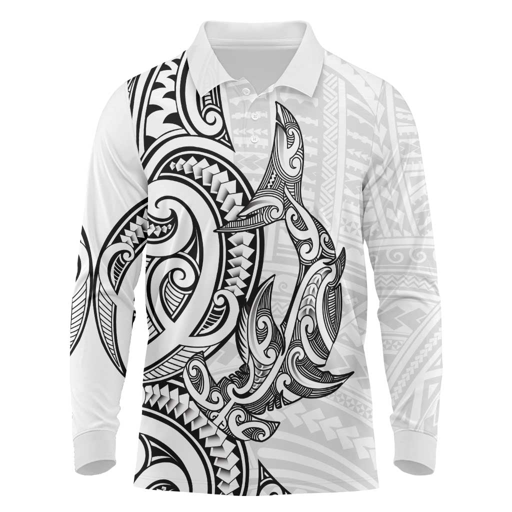 New Zealand Hammerhead Shark Long Sleeve Polo Shirt Maori Haehae Mangopare White - Aussie Hoodie