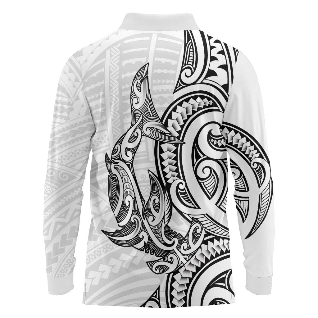 New Zealand Hammerhead Shark Long Sleeve Polo Shirt Maori Haehae Mangopare White - Aussie Hoodie