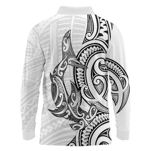 New Zealand Hammerhead Shark Long Sleeve Polo Shirt Maori Haehae Mangopare White - Aussie Hoodie