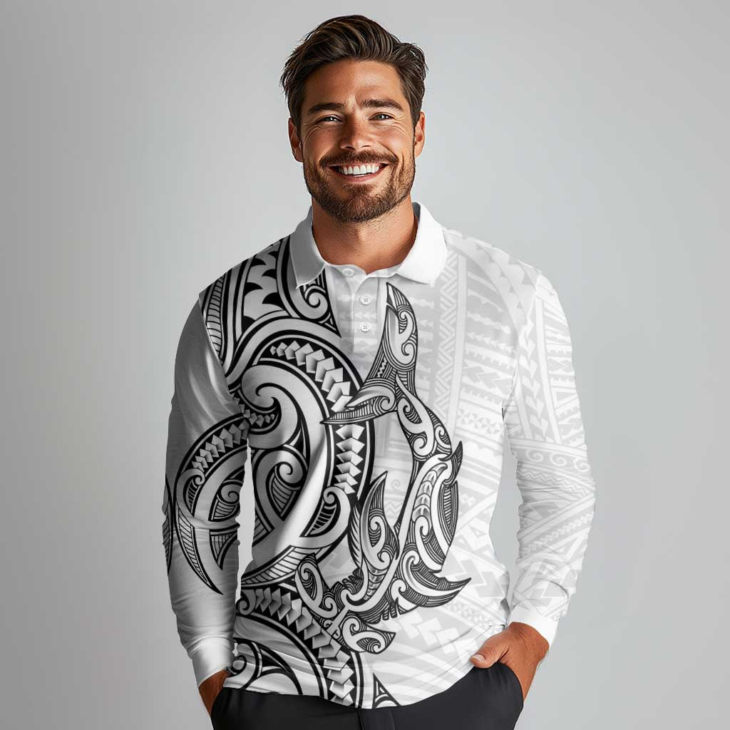New Zealand Hammerhead Shark Long Sleeve Polo Shirt Maori Haehae Mangopare White - Aussie Hoodie