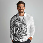 New Zealand Hammerhead Shark Long Sleeve Polo Shirt Maori Haehae Mangopare White - Aussie Hoodie