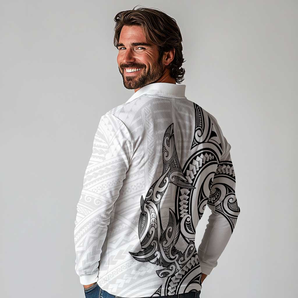 New Zealand Hammerhead Shark Long Sleeve Polo Shirt Maori Haehae Mangopare White - Aussie Hoodie