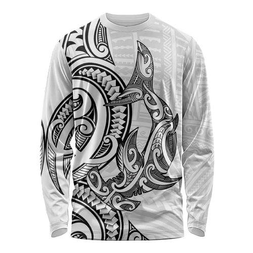 New Zealand Hammerhead Shark Long Sleeve Shirt Maori Haehae Mangopare White - Aussie Hoodie